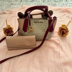 Michael Kors Beige and Burgundy Satchel Set